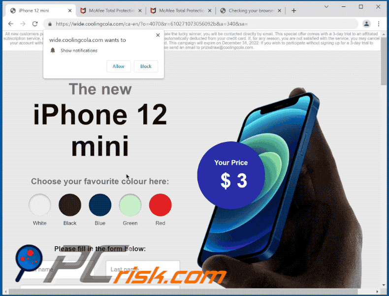 Appearance of iPhone 12 Mini Giveaway pop-up scam