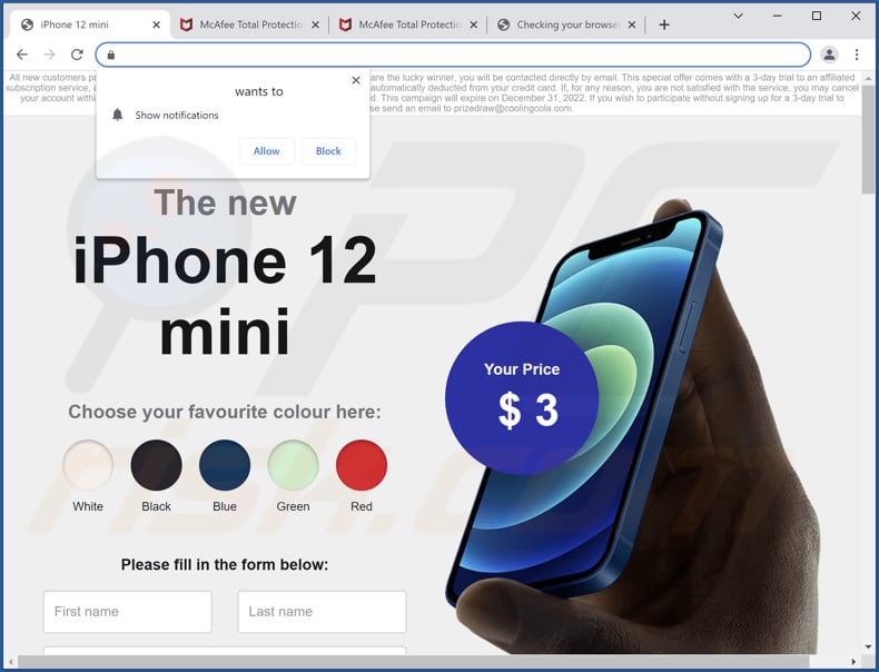 iPhone 12 Mini Giveaway pop-up scam scam