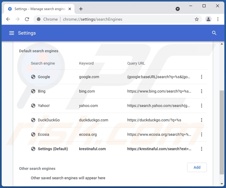 Removing krestinaful.com from Google Chrome default search engine