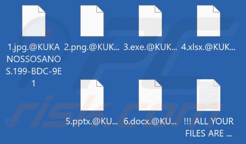 Files encrypted by KUKANOS ransomware (.@KUKANOSSOSANOS.[victim's_ID] extension)
