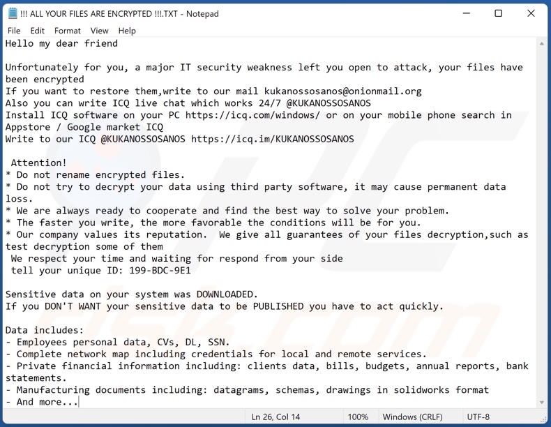KUKANOS ransom note (!!! ALL YOUR FILES ARE ENCRYPTED !!!.TXT)