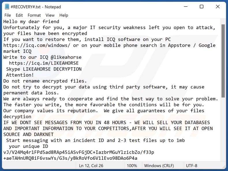 LIKEAHORSE ransomware text file (#RECOVERY#.txt)