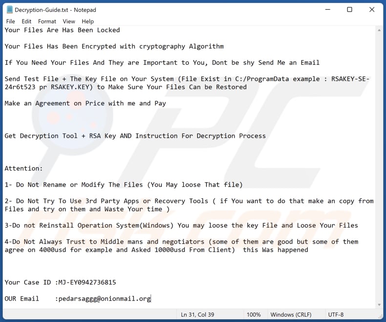 Lok ransomware text file (Decryption-Guide.txt)
