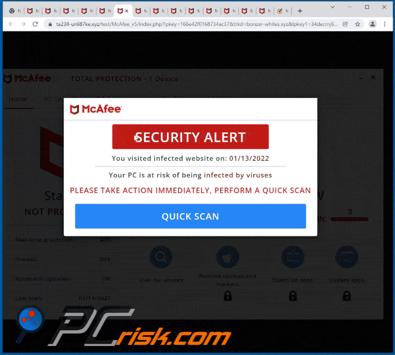 Appearance of McAfee: SECURITY ALERT pop-up scam scam