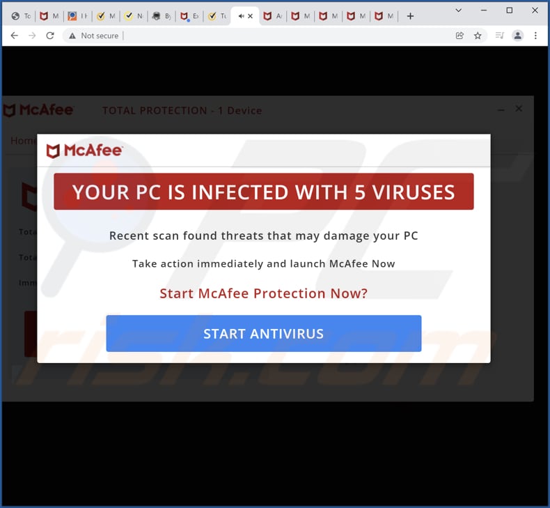 mcafee security alert pop-up scam fake message displayed while trying to close the page during scan