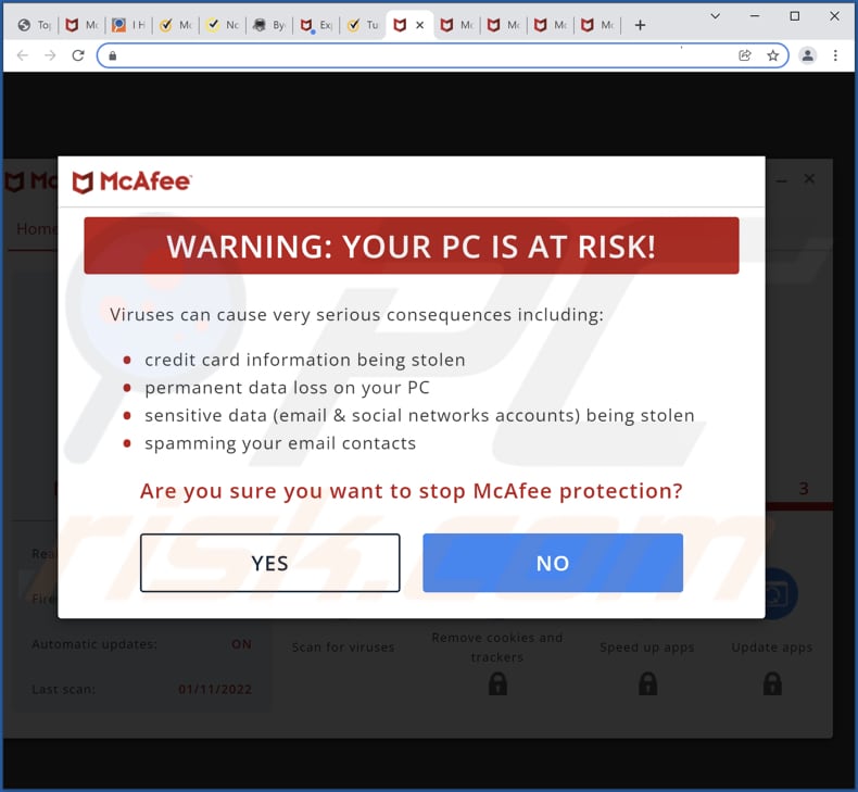 mcafee security alert pop-up scam message appearing while trying to close the page