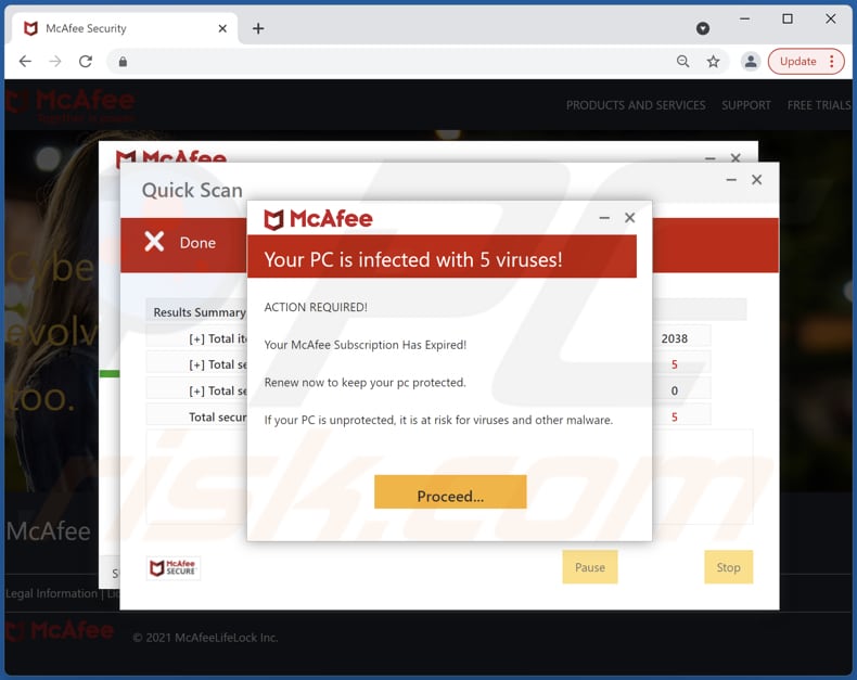 mcafee subscription has expired email scam deceptive website