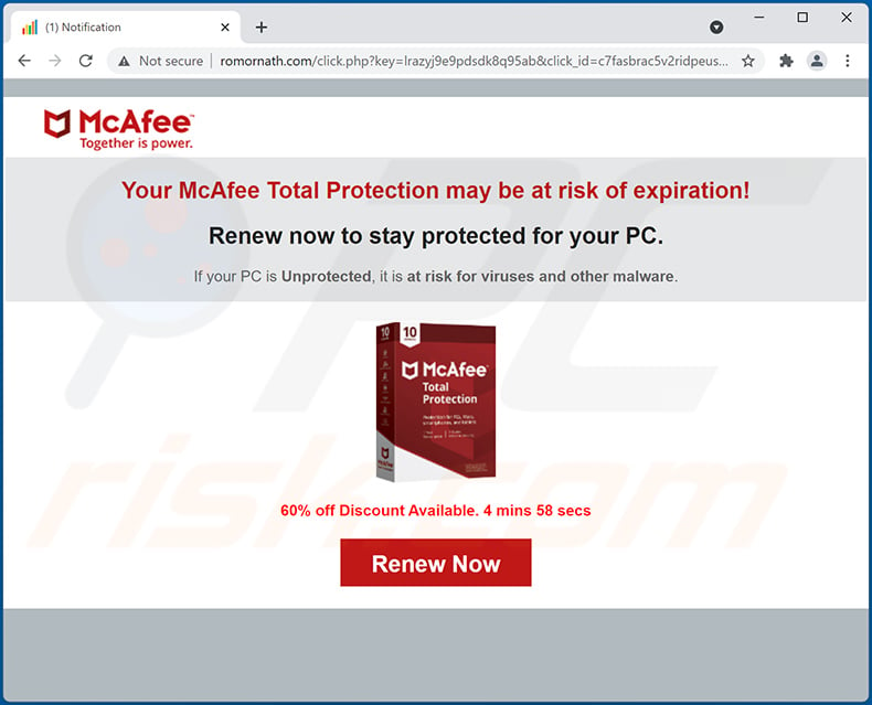 Your McAfee Total Protection may be at risk of expiration! pop-up scam