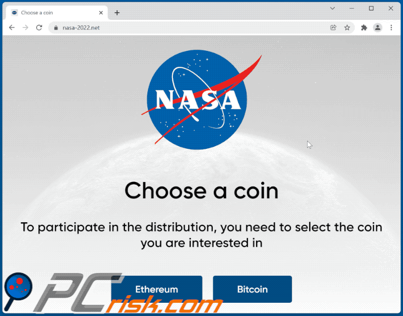 Appearance of NASA ETH and BTC Giveaway scam (GIF)