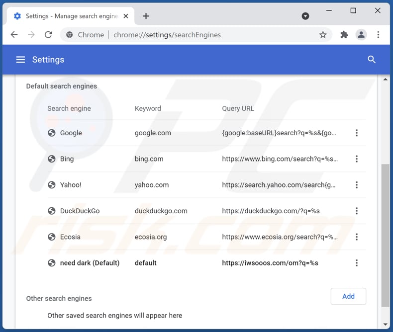 Removing iwsooos.com from Google Chrome default search engine