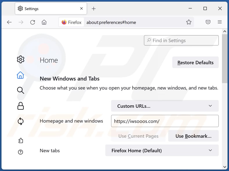 Removing iwsooos.com from Mozilla Firefox homepage
