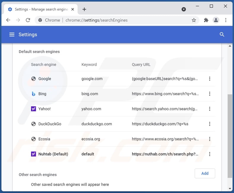 Removing nuhtab.com from Google Chrome default search engine