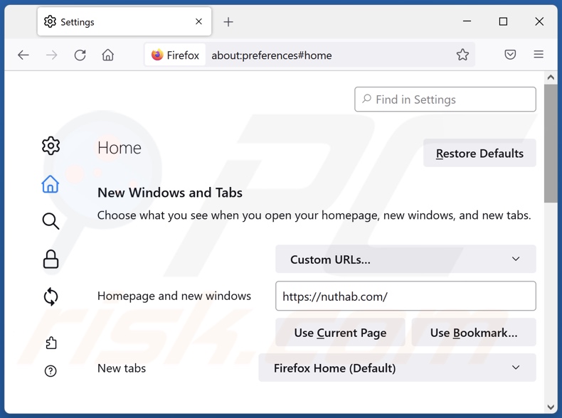Removing nuhtab.com from Mozilla Firefox homepage