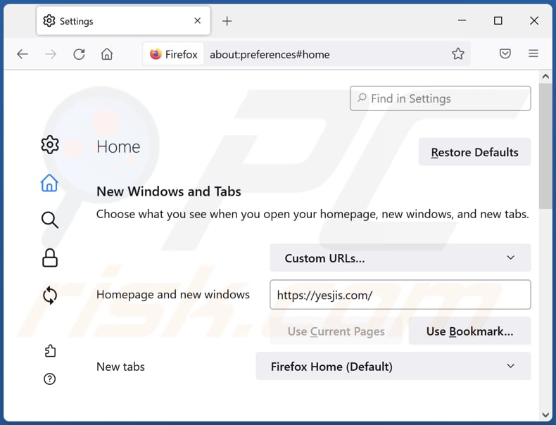 Removing yesjis.com from Mozilla Firefox homepage