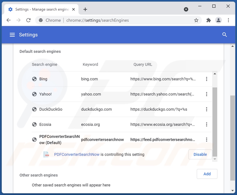 Removing pdfconvertersearchnow.com from Google Chrome default search engine