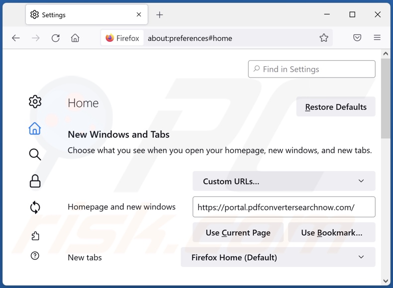 Removing pdfconvertersearchnow.com from Mozilla Firefox homepage