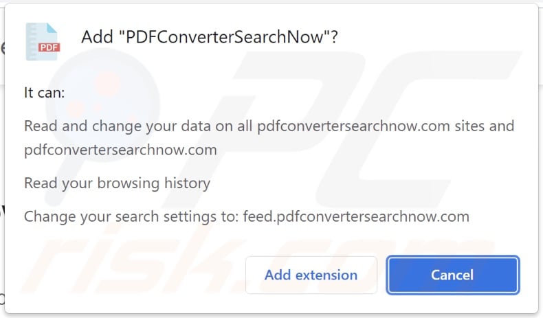 PDFConverterSearchNow browser hijacker asking for various permissions