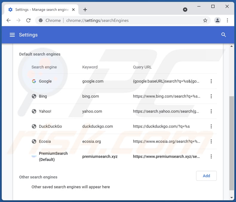 Removing premiumsearch.xyz from Google Chrome default search engine