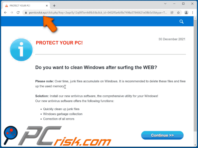 Appearance of PROTECT YOUR PC! pop-up scam scam