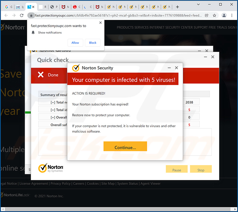 Norton Security - Your Pc Is Infected With 5 Viruses! scam promoted by protectionyoupc.com