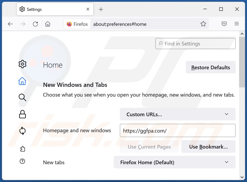 Removing ggfpa.com from Mozilla Firefox homepage