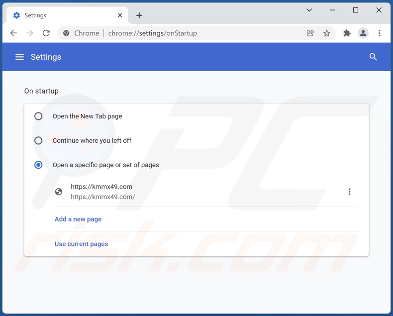 Removing kmmx49.com from Google Chrome homepage