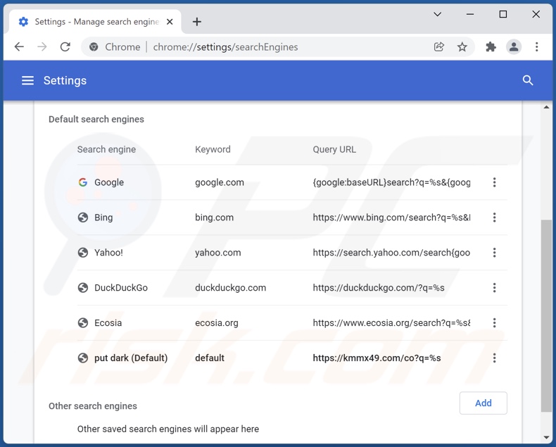 Removing kmmx49.com from Google Chrome default search engine