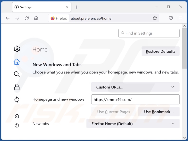 Removing kmmx49.com from Mozilla Firefox homepage