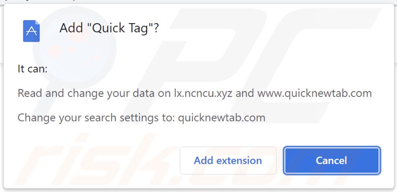 Quick Tag browser hijacker asking for permissions
