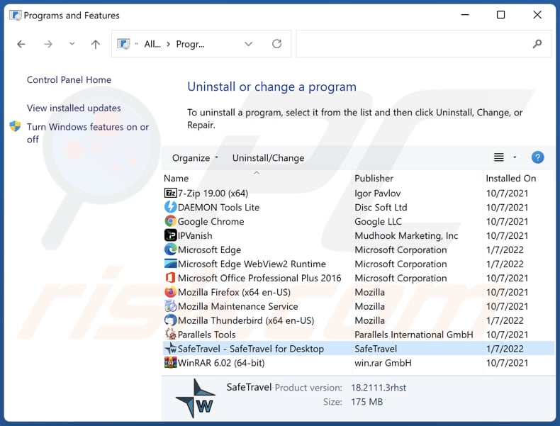 SafeTravel adware uninstall via Control Panel