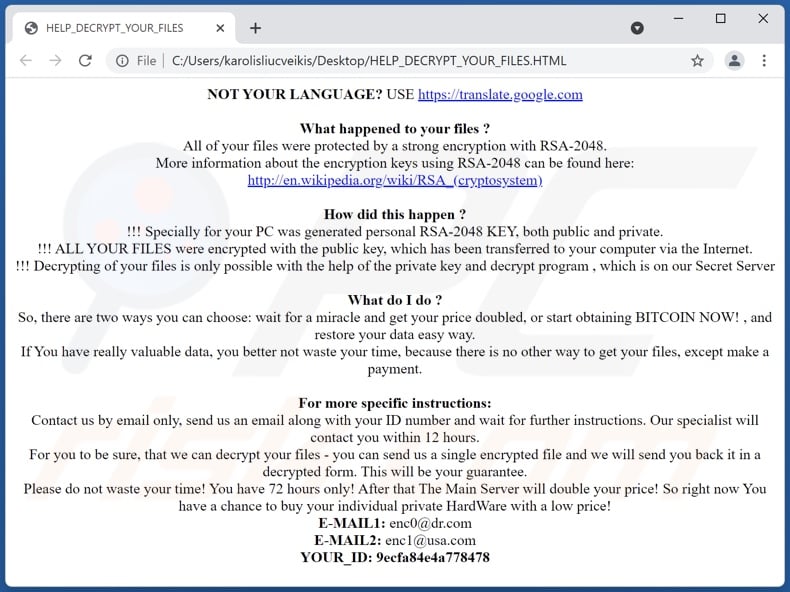 Scl ransomware ransom-demanding message (HELP_DECRYPT_YOUR_FILES.HTML)