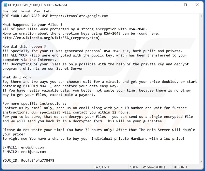 Scl ransomware text file (HELP_DECRYPT_YOUR_FILES.TXT)