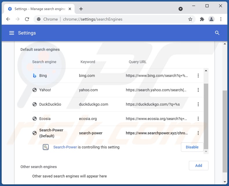 Removing searchpower.xyz from Google Chrome default search engine