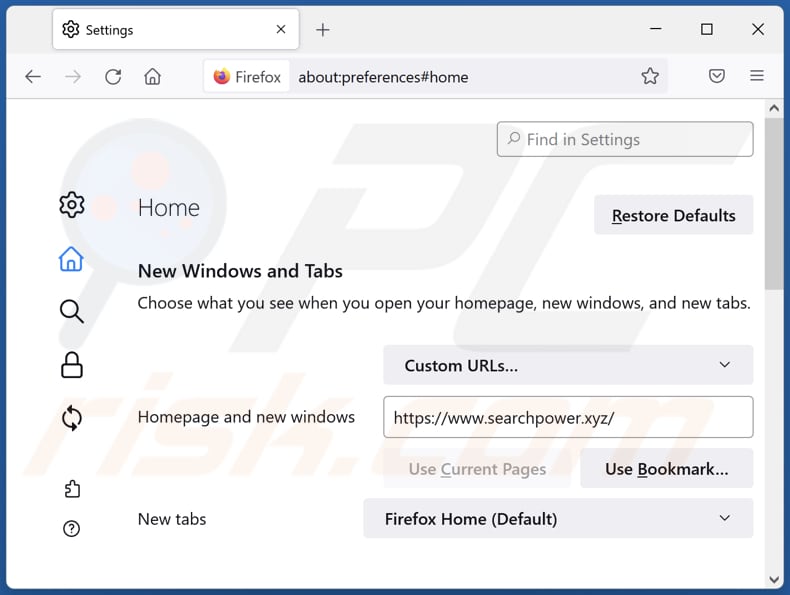 Removing searchpower.xyz from Mozilla Firefox homepage