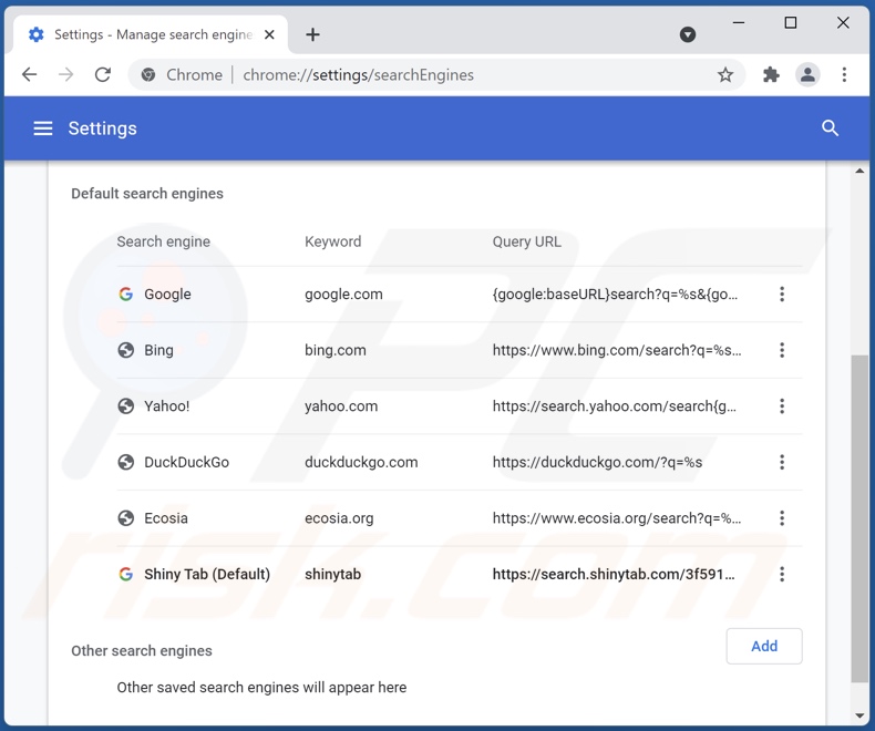 Removing search.shinytab.com from Google Chrome default search engine