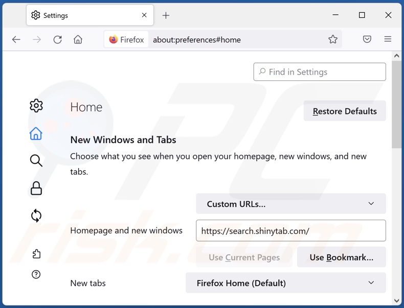 Removing search.shinytab.com from Mozilla Firefox homepage