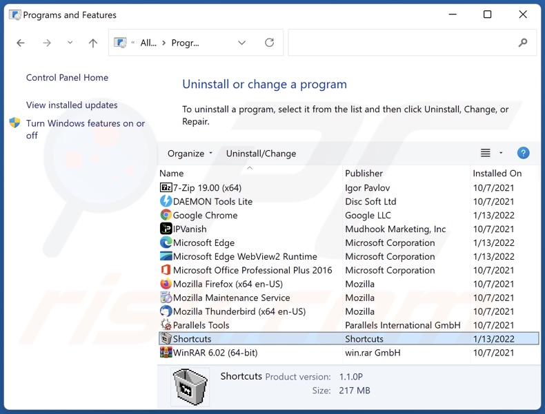 Shortcuts adware uninstall via Control Panel