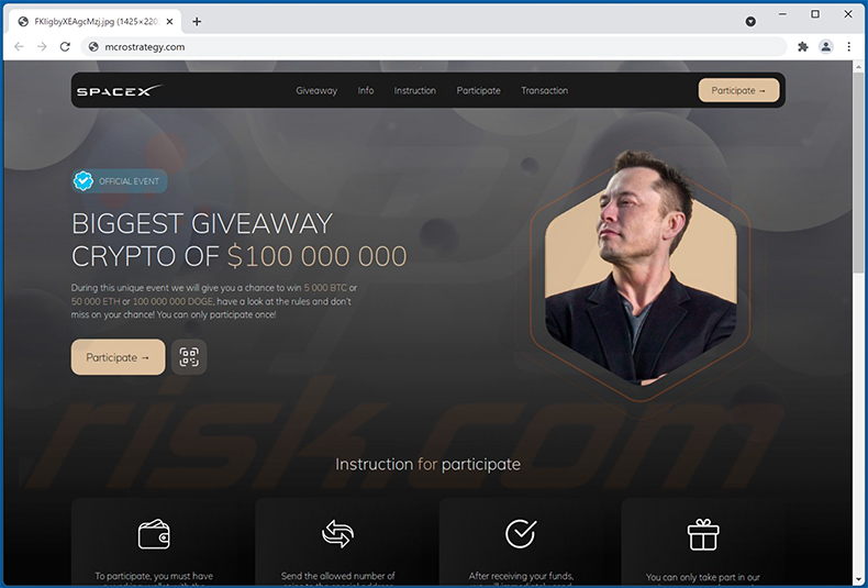 SpaceX-themed crypto giveaway website (mcrostrategy[.]com)