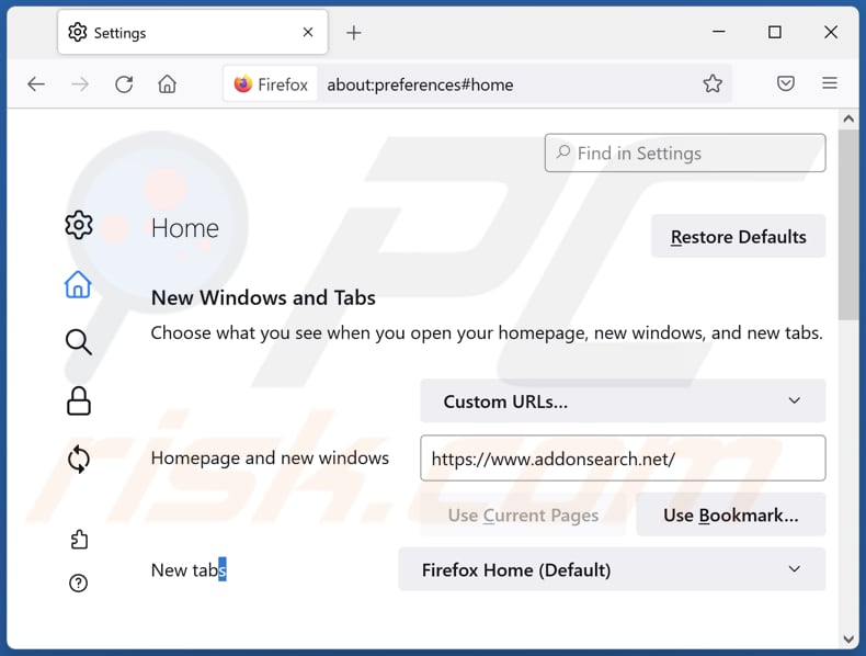 Removing addonsearch.net from Mozilla Firefox homepage