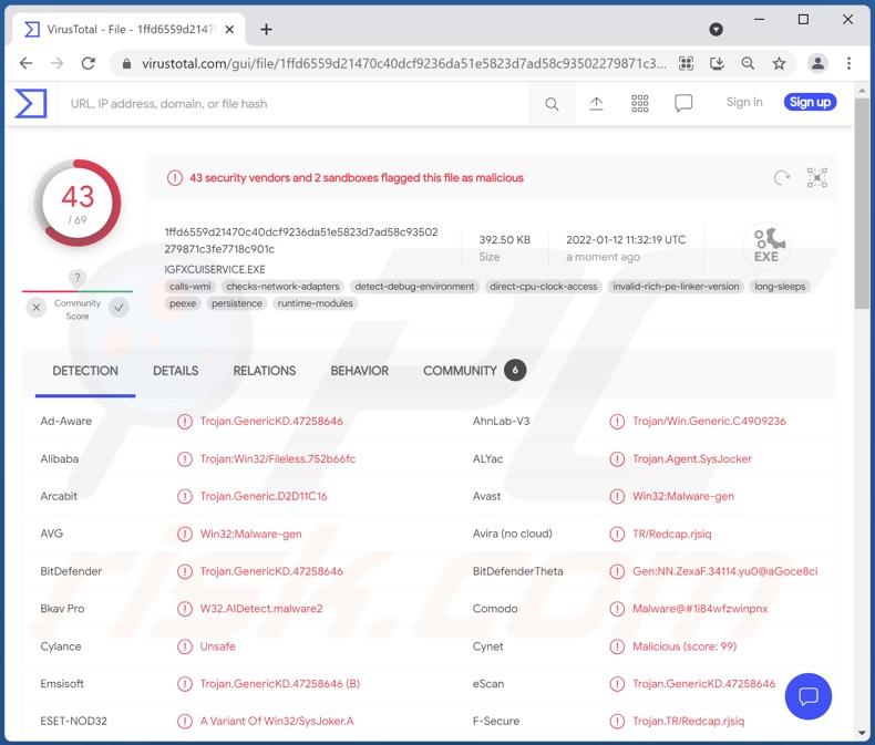 SysJoker malware detections on VirusTotal