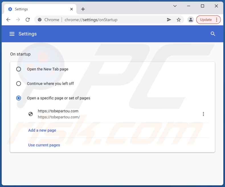 Removing tobepartou.com from Google Chrome homepage