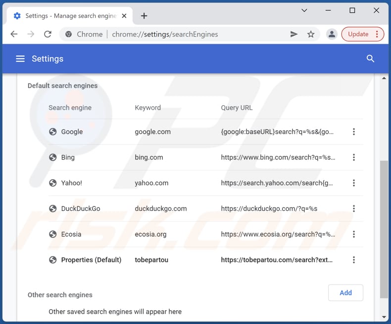 Removing tobepartou.com from Google Chrome default search engine