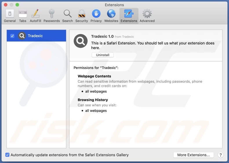 Tradexic adware installed onto Safari