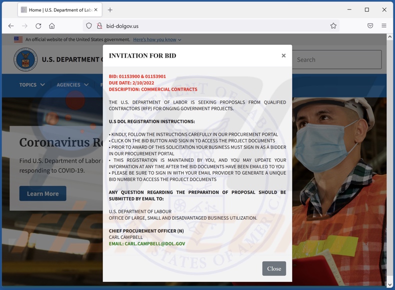 U.S Department of Labor spam email promoted phishing website 2