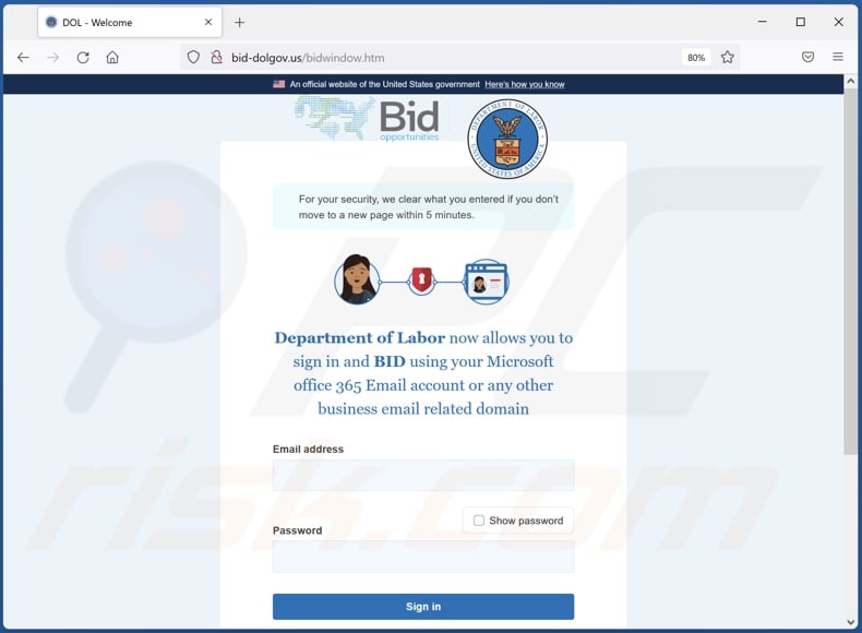 U.S Department of Labor spam email promoted phishing website sign-in page
