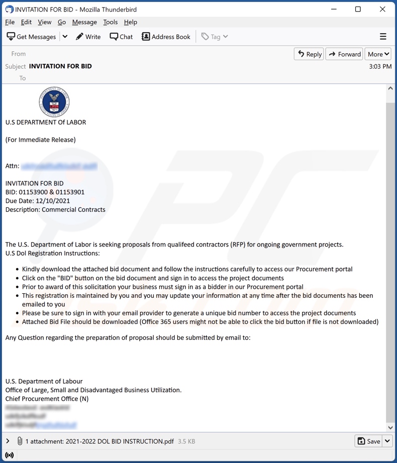 U.S Department of Labor scam email variant
