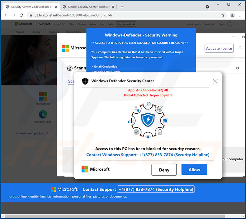 Windows Defender Security Center pop-up scam (2022-01-26)