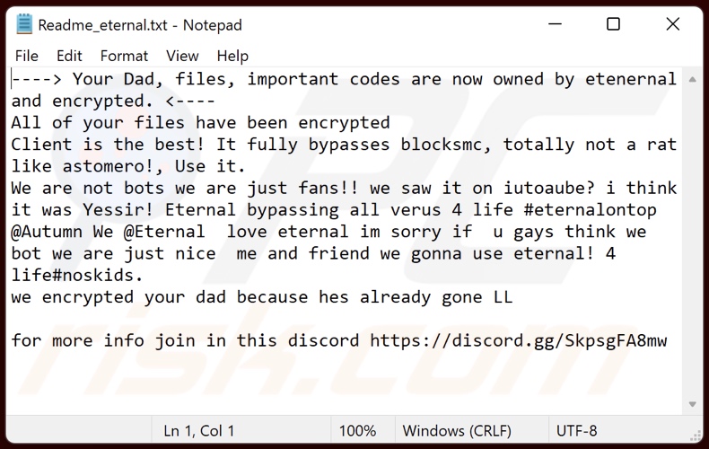 Yourdadgone ransomware ransom-demanding message (Readme_eternal.txt)
