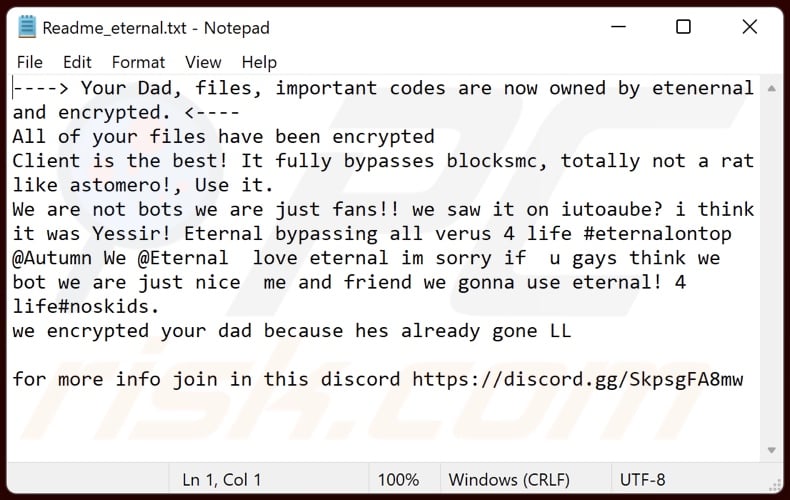 Yourdadgone ransomware ransom-demanding message (Readme_eternal.txt)