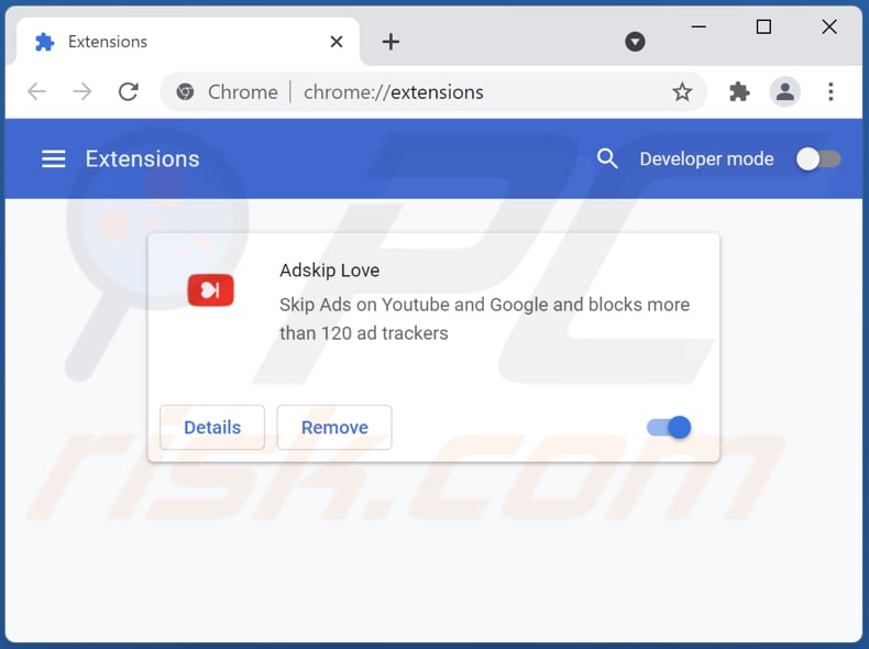 Removing Adskip Love adware from Google Chrome step 2